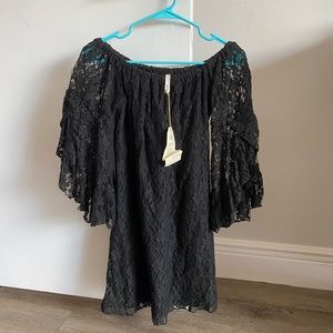 Bell sleeve black lace mini dress